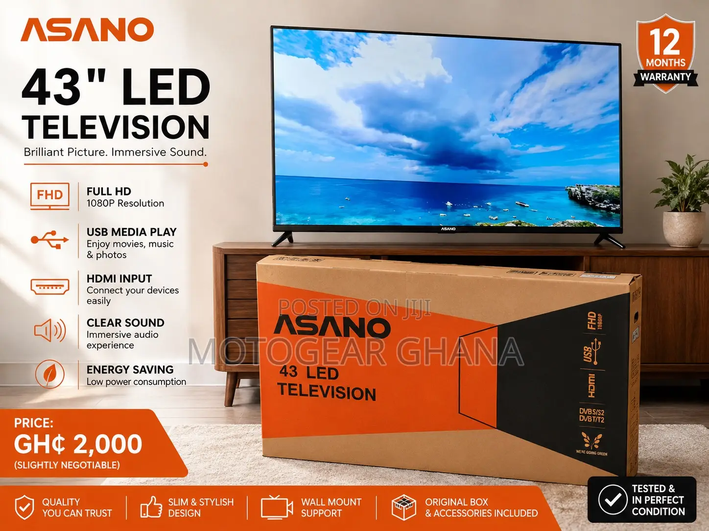 ASANO 43′′ LED TV – Excellent Condition + Original Box