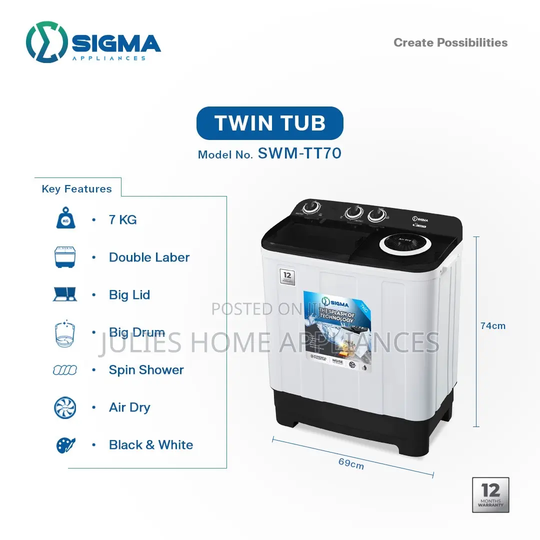 Sigma 7kg Twin TUb Washing Machine