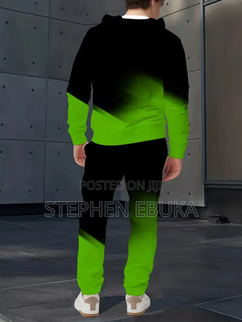 Green Gradient Full Body Digital Printed Men's Hoodie Set, Sports Shir