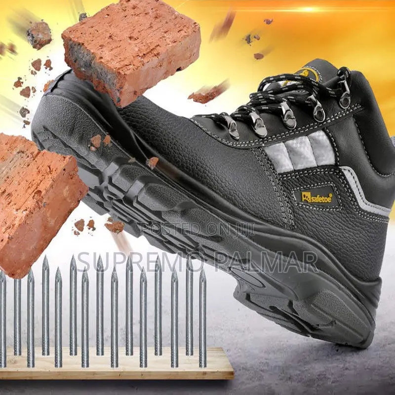 Emporo Safety Boots - Black Leather Work Boots With Reflective Tapes