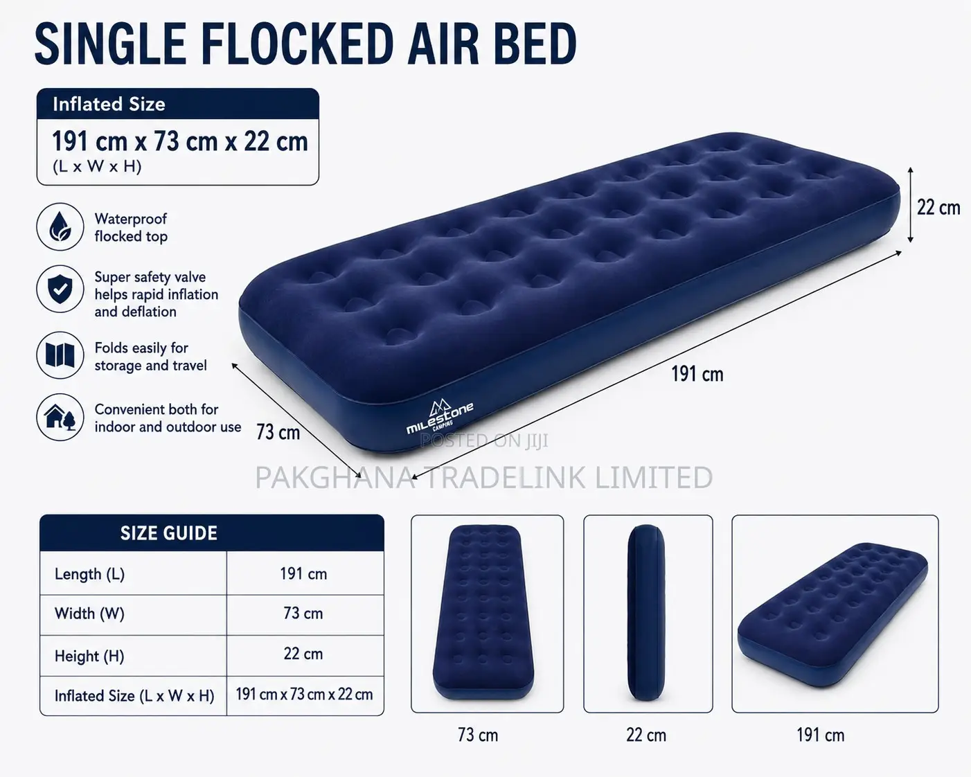 Milestone Single Flocked Air Bed – 191 × 73 × 22 Cm