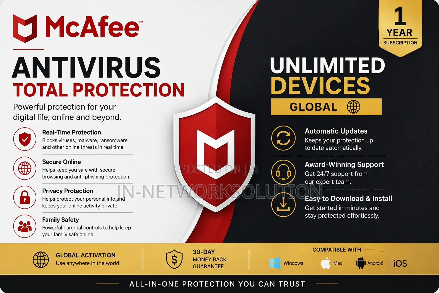 McAfee Antivirus Total Protection 1 Year Unlimited Device Global