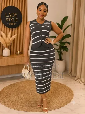 Sophisticated Striped Sleeveless Vest Midi Skirt Co-Ord Set