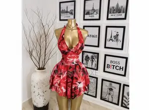 Women’s Red Floral Halter Mini Mesh Dress