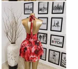 Women’s Red Floral Halter Mini Mesh Dress