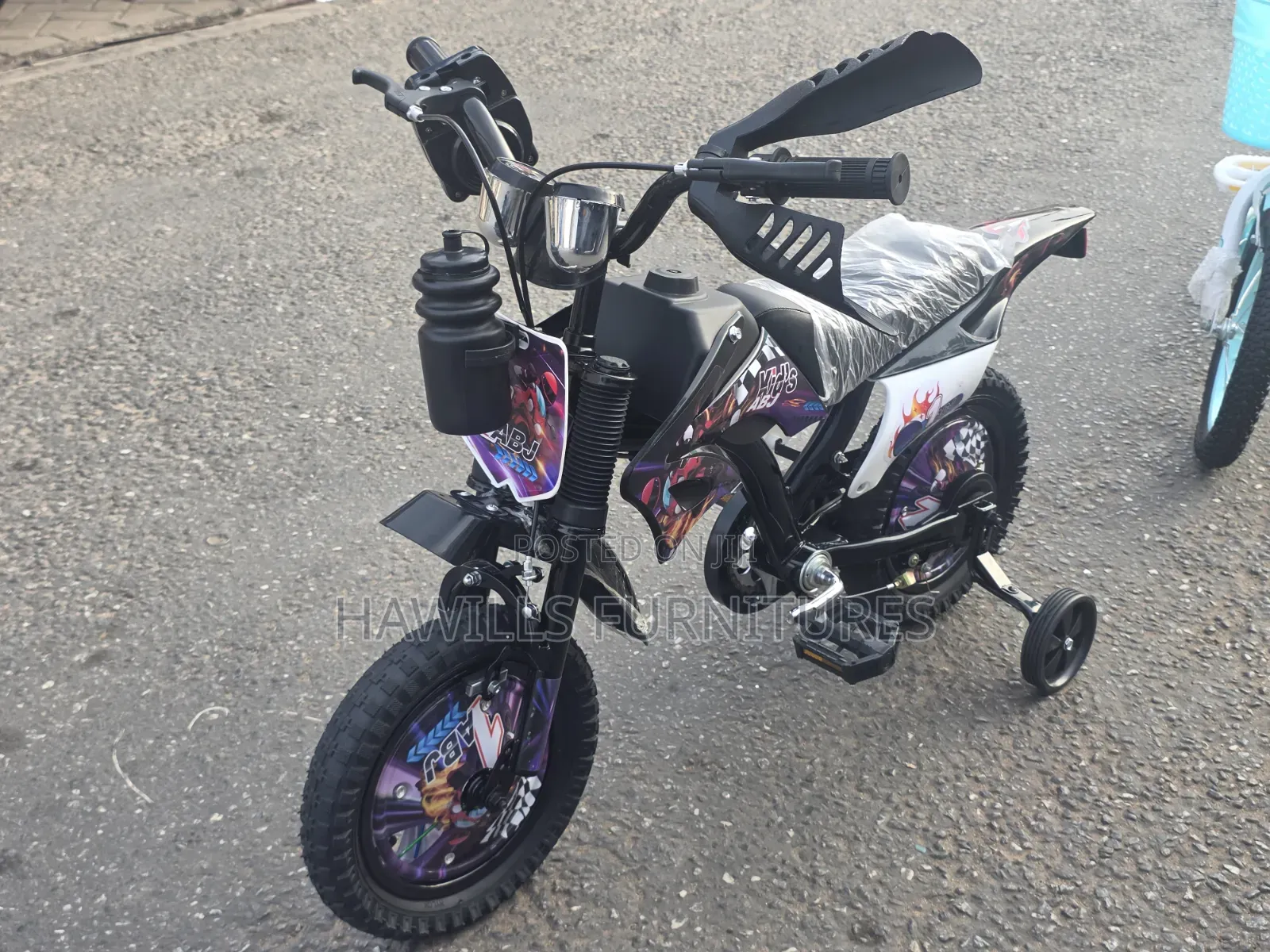 Children's Motorcycle Bicycle in Black With Training Wheels