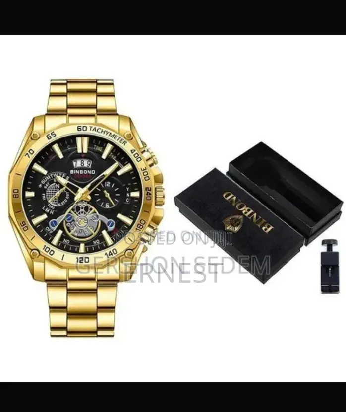 Men’s Business Tourbillon Watch – Steel Band, Gold Finish (Gift Set)