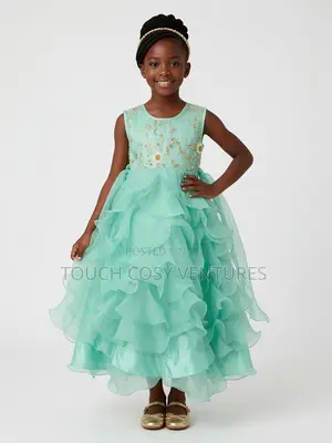 Mint Gold Embellished Ruffle Party Dress- 7-8 Years