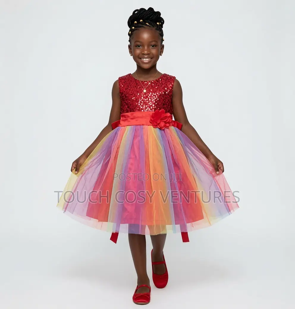 Red Sequin Rainbow Tulle Party Dress- 7-8 Years