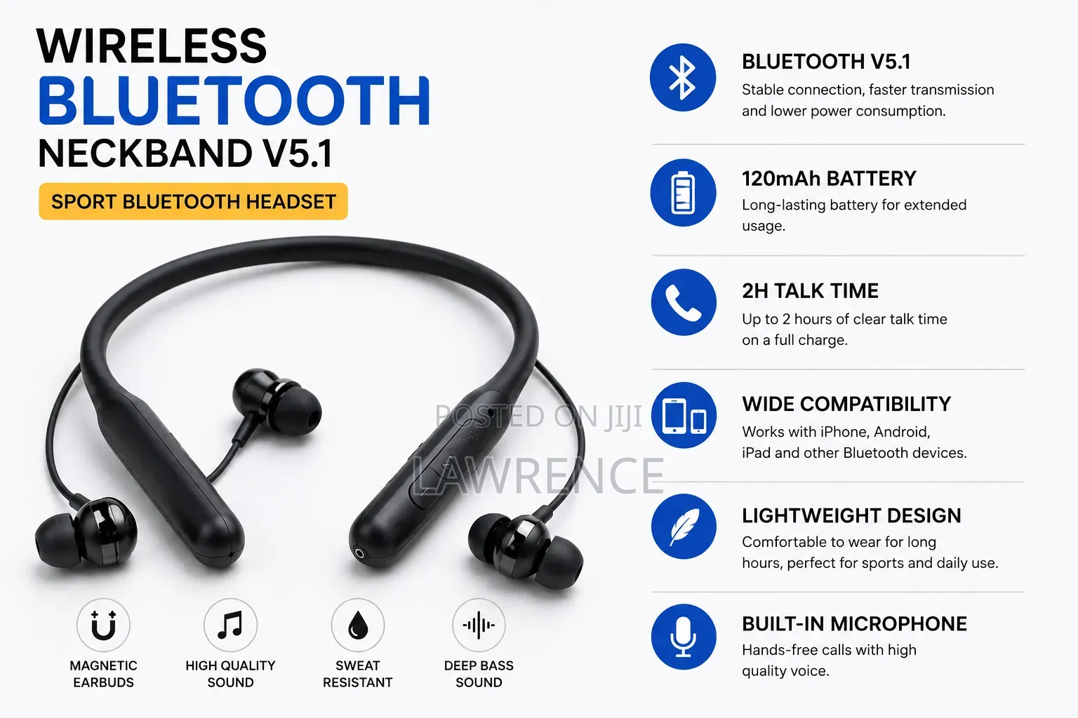 Wireless Bluetooth Neckband Earphones V5.1 - 2H Talk Time