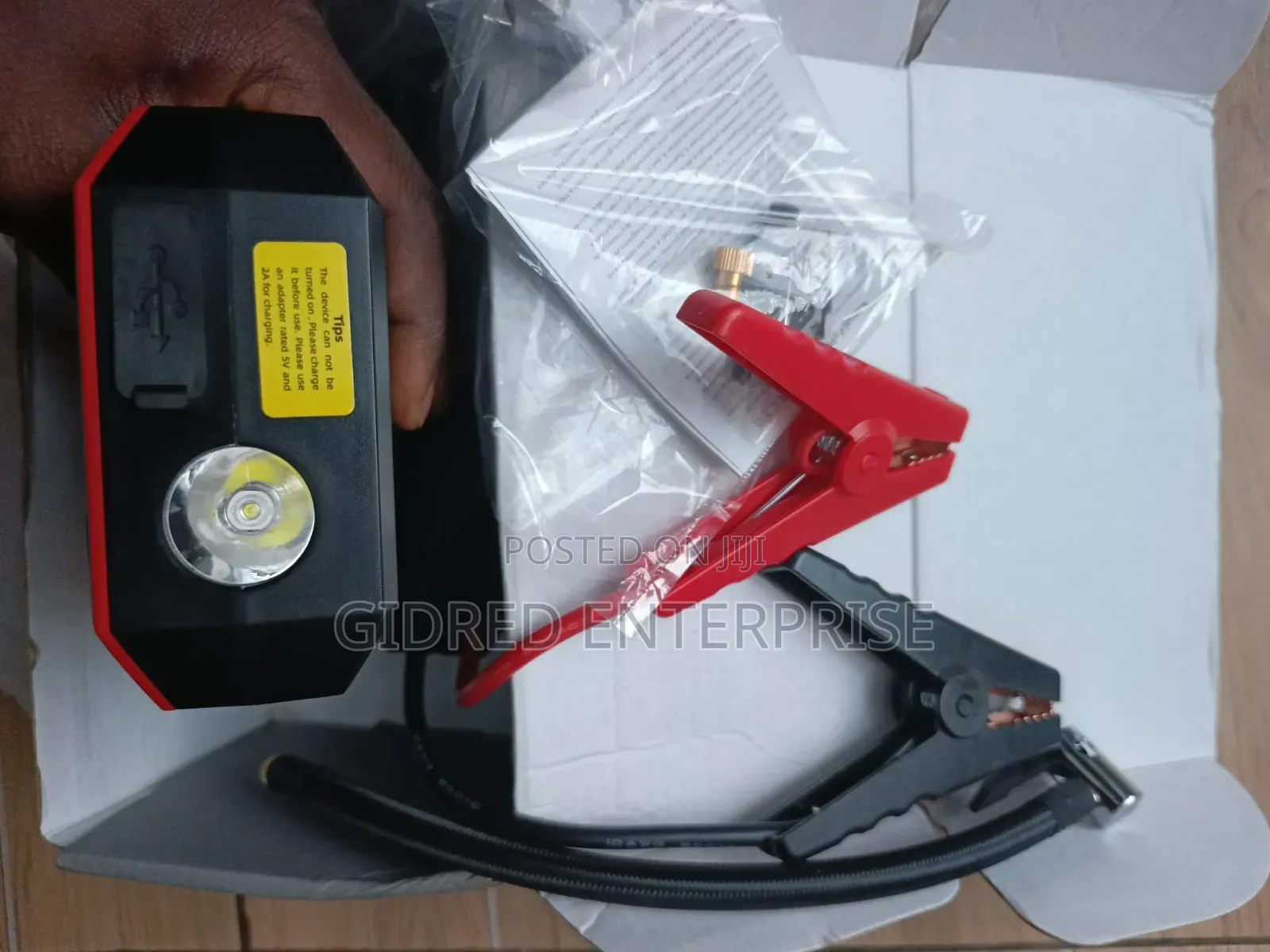 Portable Car Jump Starter Pack, Tire Inflator, Flashlight, Power Bank.