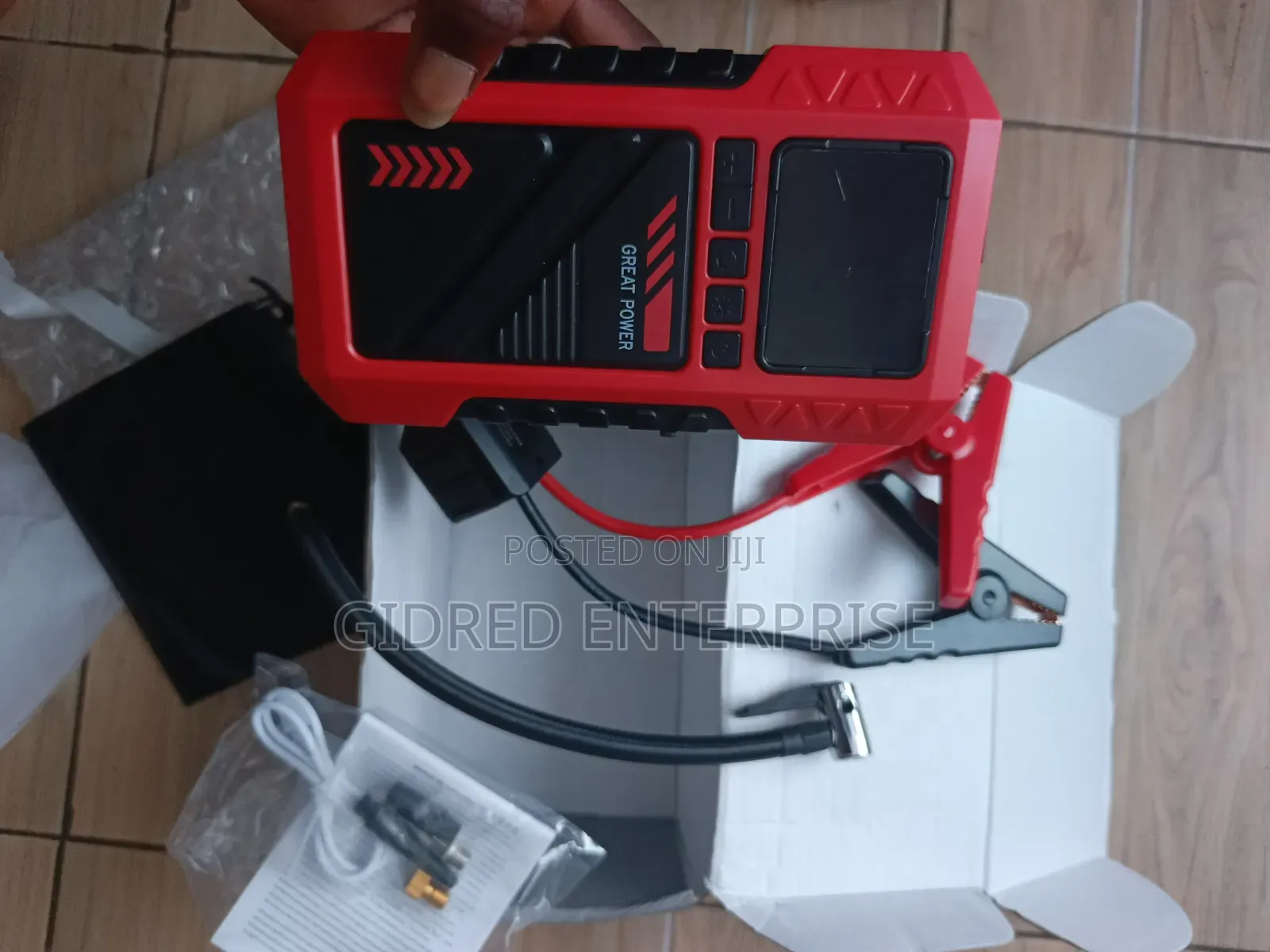 Portable Car Jump Starter Pack, Tire Inflator, Flashlight, Power Bank.