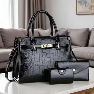 3-in-1 Glossy Patent Crocodile Leather Women's Handbag Set