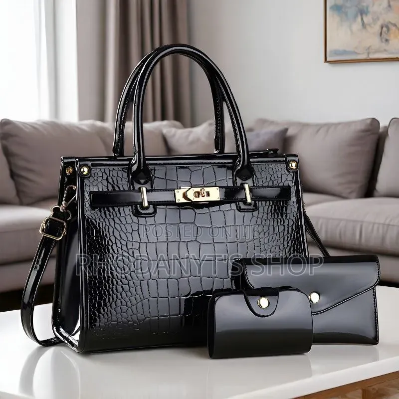 3-in-1 Glossy Patent Crocodile Leather Women's Handbag Set