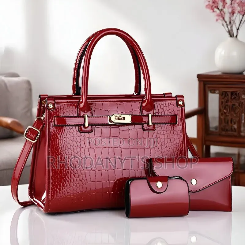 3-in-1 Glossy Patent Crocodile Leather Women's Handbag Set