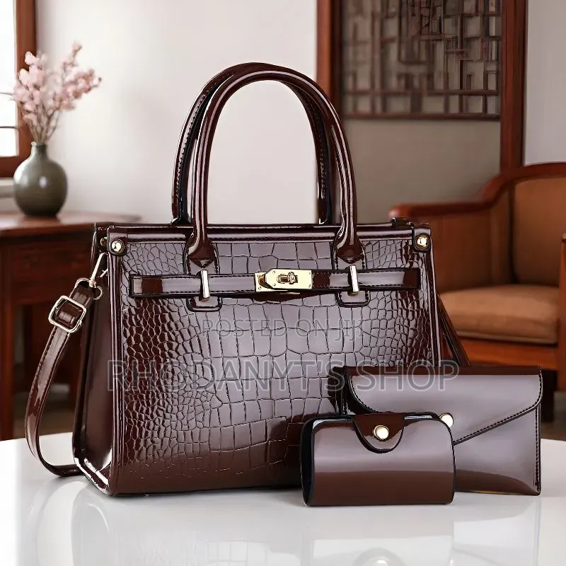 3-in-1 Glossy Patent Crocodile Leather Women's Handbag Set