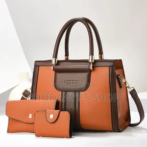 3-in-1 Two-Tone Leather Women's Handbag Set With Long Strap Wallet