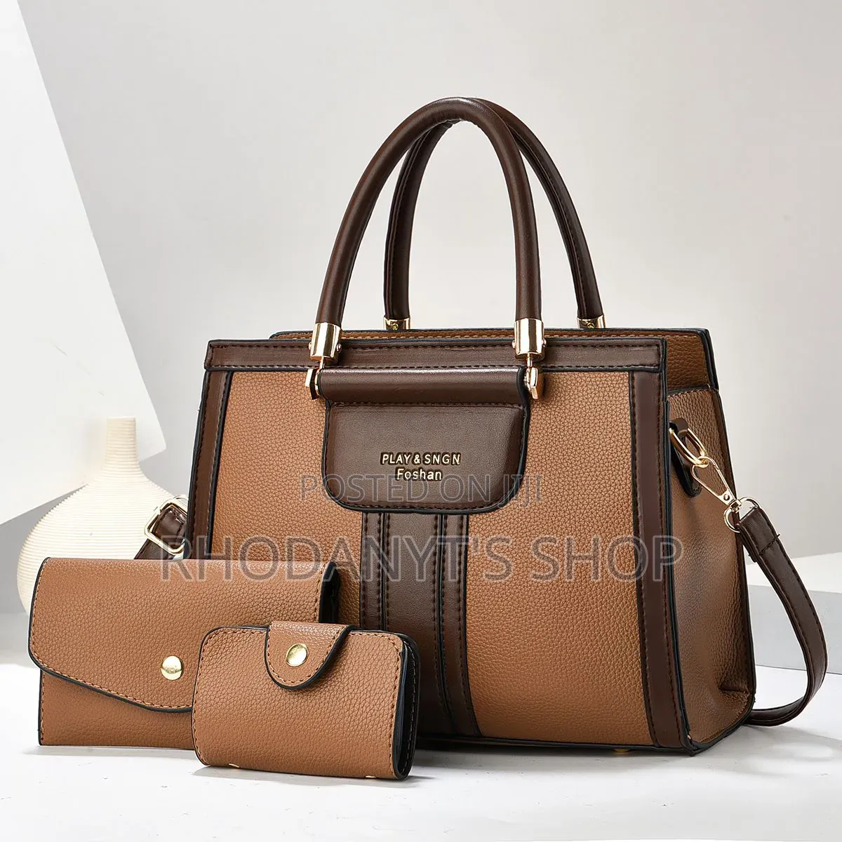 3-in-1 Two-Tone Leather Women's Handbag Set With Long Strap Wallet