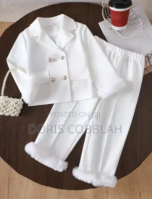 Girls White Blazer and Plush Pants 2 Piece Fashion Set