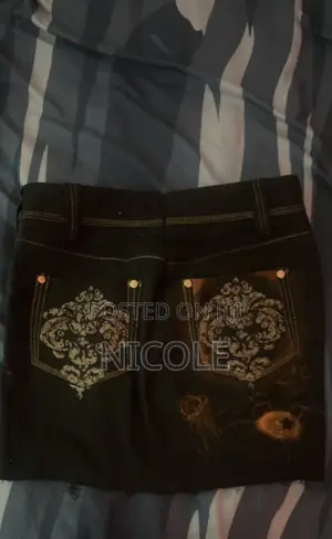 Black Jean Skirt Mini Black and Orange Y2k Bleached Pattern Spider