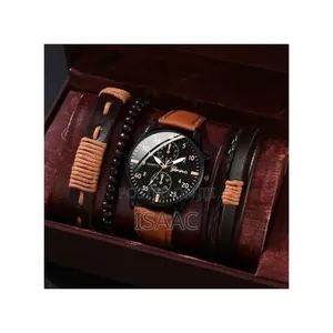 Men's Brown Stainless Steel Quartz Watch PU Bracelet Set-097471