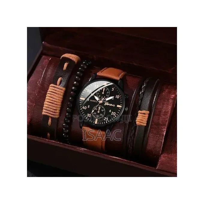 Men's Brown Stainless Steel Quartz Watch PU Bracelet Set-097471