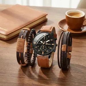 Men's Brown Stainless Steel Quartz Watch PU Bracelet Set-097471