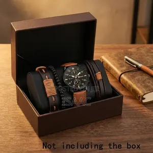 Men's Brown Stainless Steel Quartz Watch PU Bracelet Set-097471