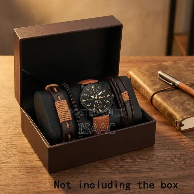 Men's Brown Stainless Steel Quartz Watch PU Bracelet Set-097471