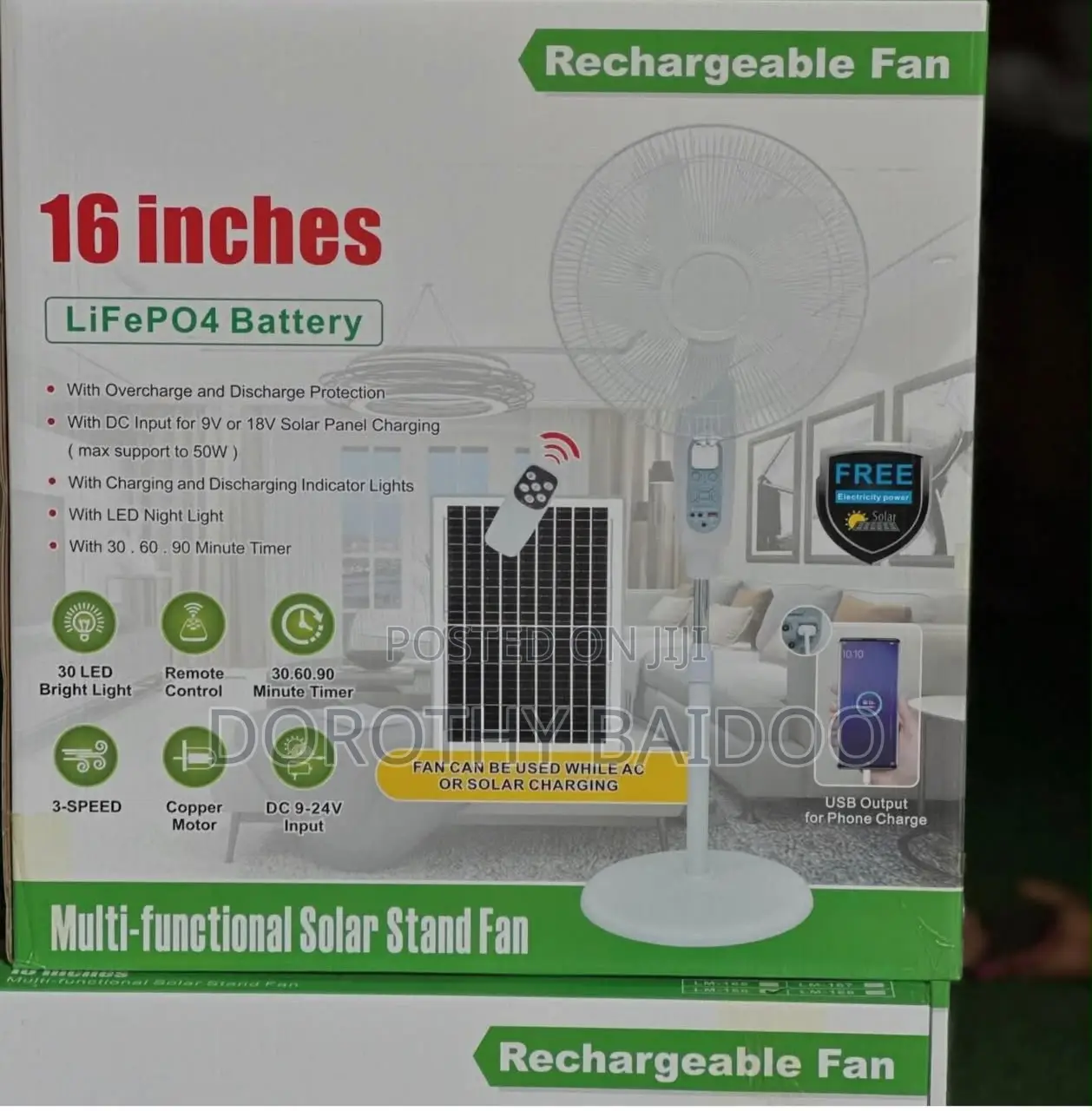 16” Rechargeable Fan With USB Charger and Light GHC 1500