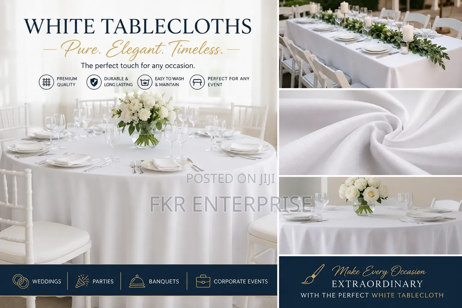 "White Table Cloth for Events, Weddings Parties – Available Now"
