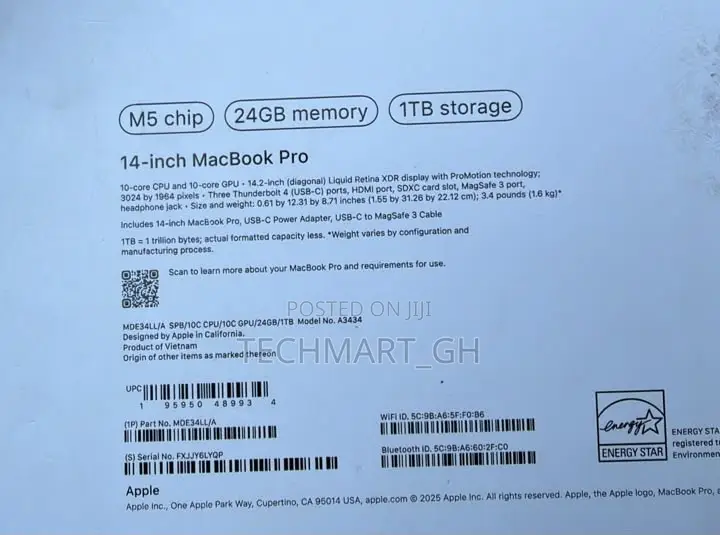 New Laptop Apple MacBook Pro 2025 M5 24GB Apple M5 SSD 1T