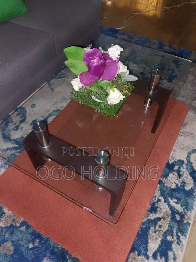 Tempered Transparent Glass Center Table With Lower Panel Flowers