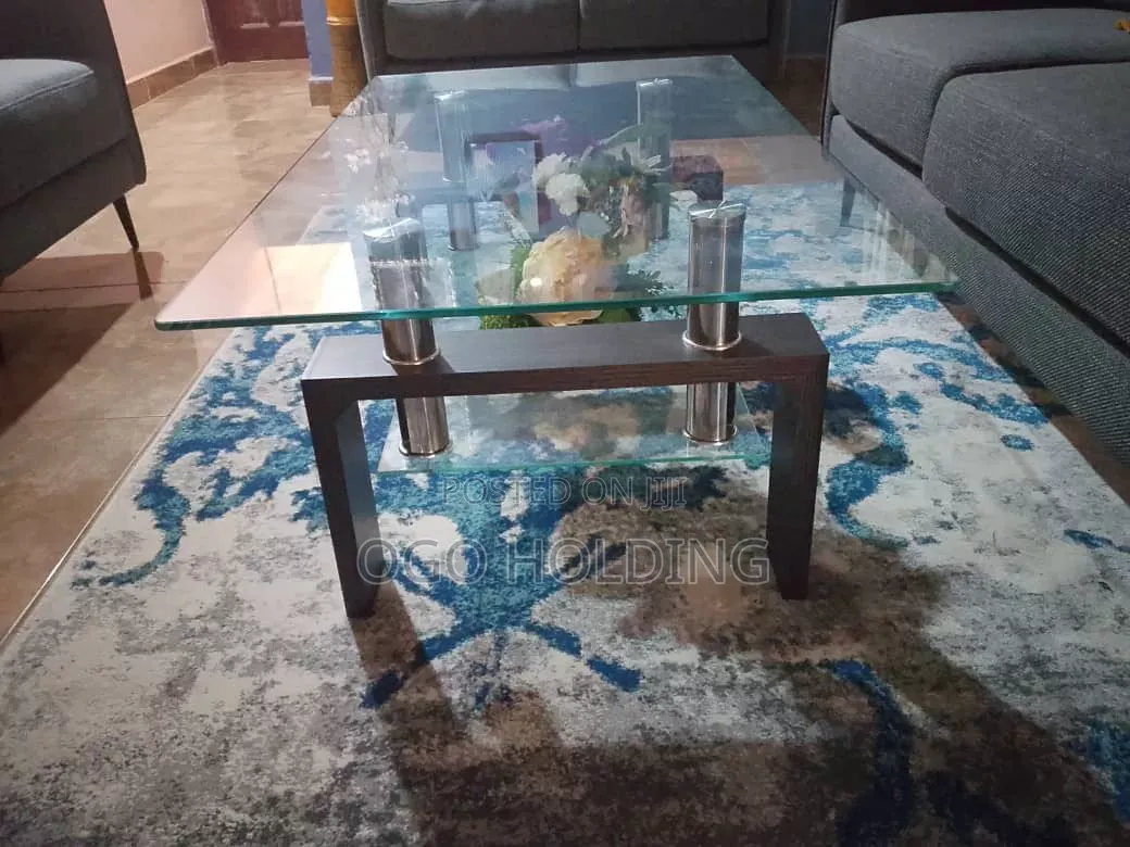 Tempered Transparent Glass Center Table With Lower Panel Flowers
