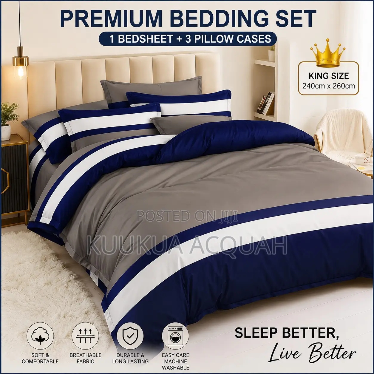 1 Kingsize Bedsheet 3 Pillow Cases