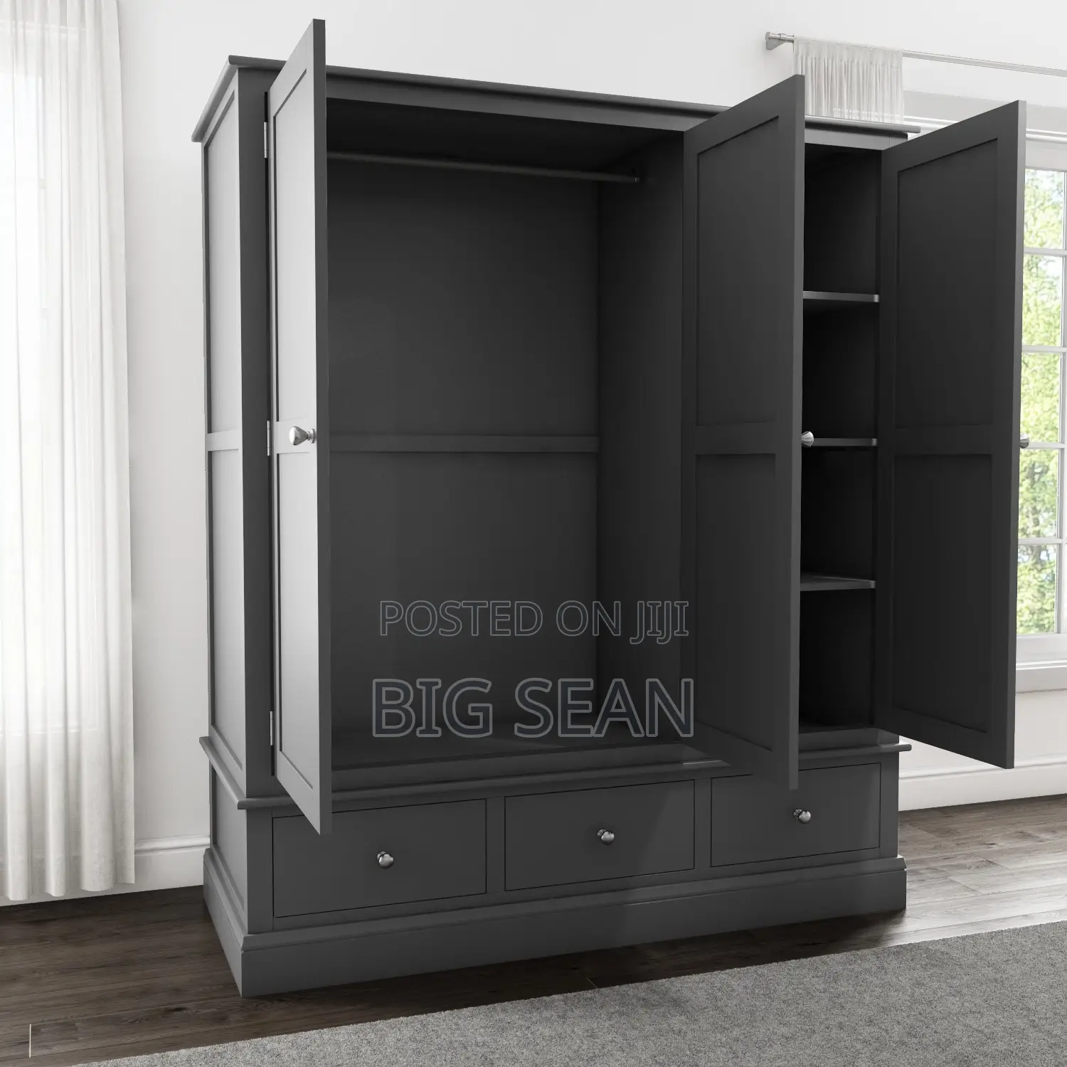 3 Door 3 Drawer Grey and White Wardrobe