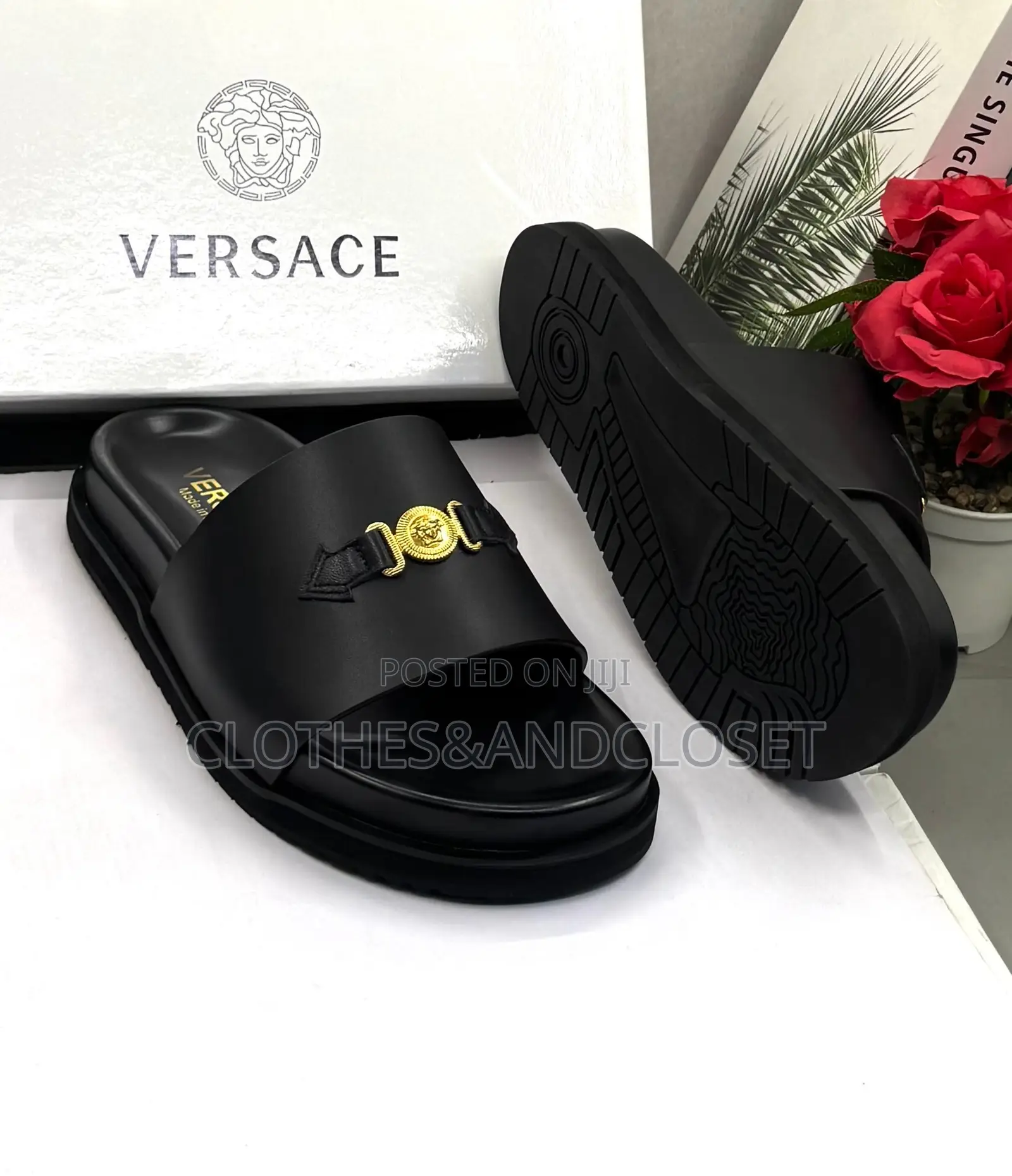 Black Leather Versace Slide Sandals and Arrow Detail on the Wide Strap