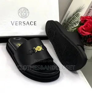 Black Leather Versace Slide Sandals and Arrow Detail on the Wide Strap