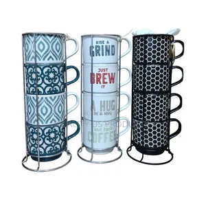 ABODE Ceramic Mugs With Stacker - 4 Set