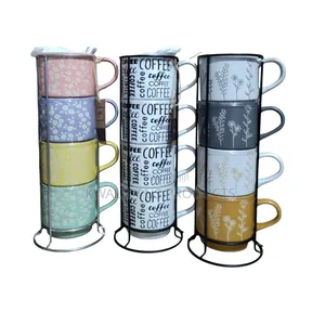 ABODE Ceramic Mugs With Stacker - 4 Set