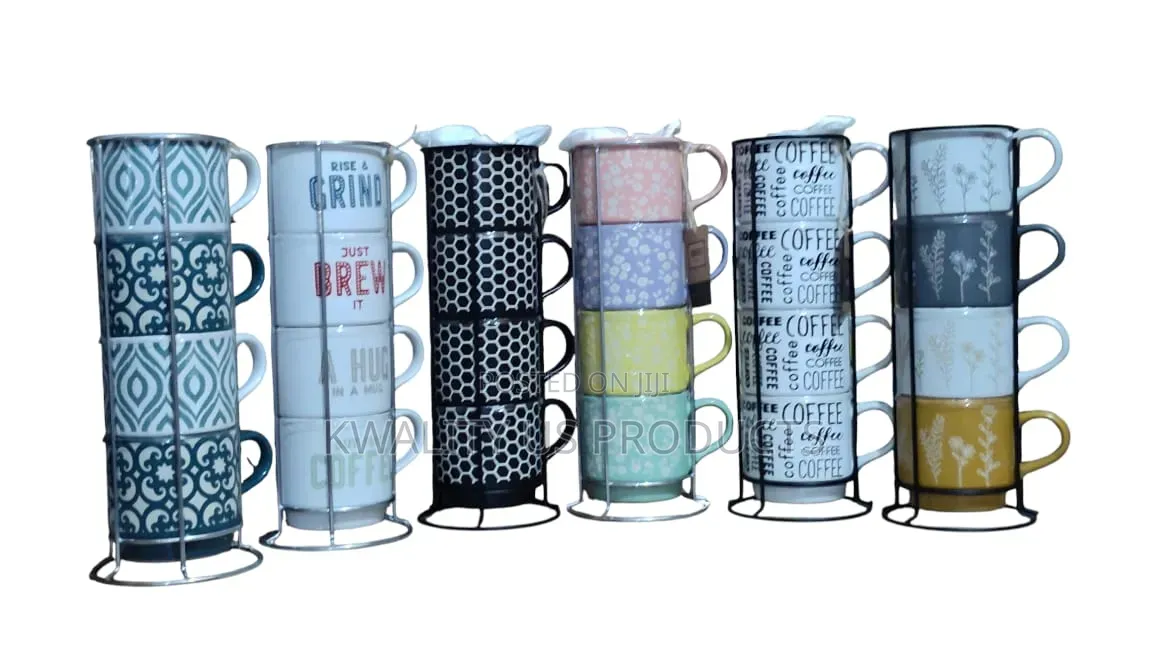 ABODE Ceramic Mugs With Stacker - 4 Set