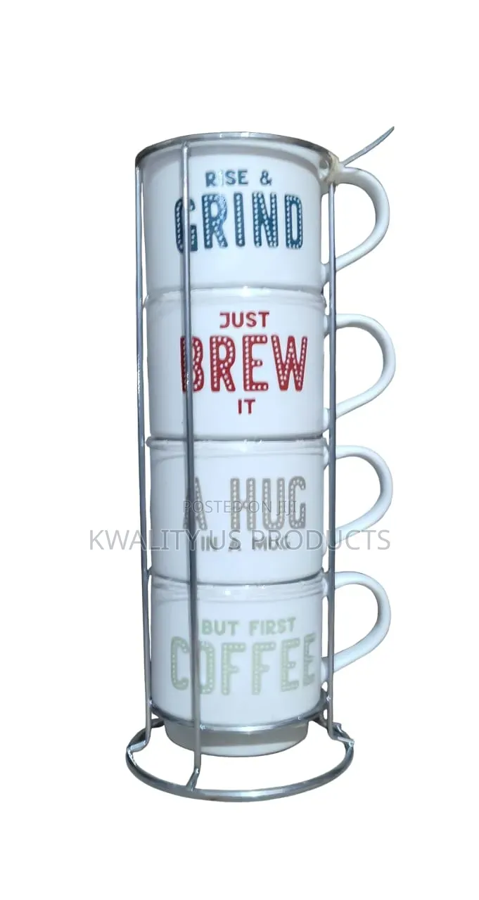 ABODE Ceramic Mugs With Stacker - 4 Set