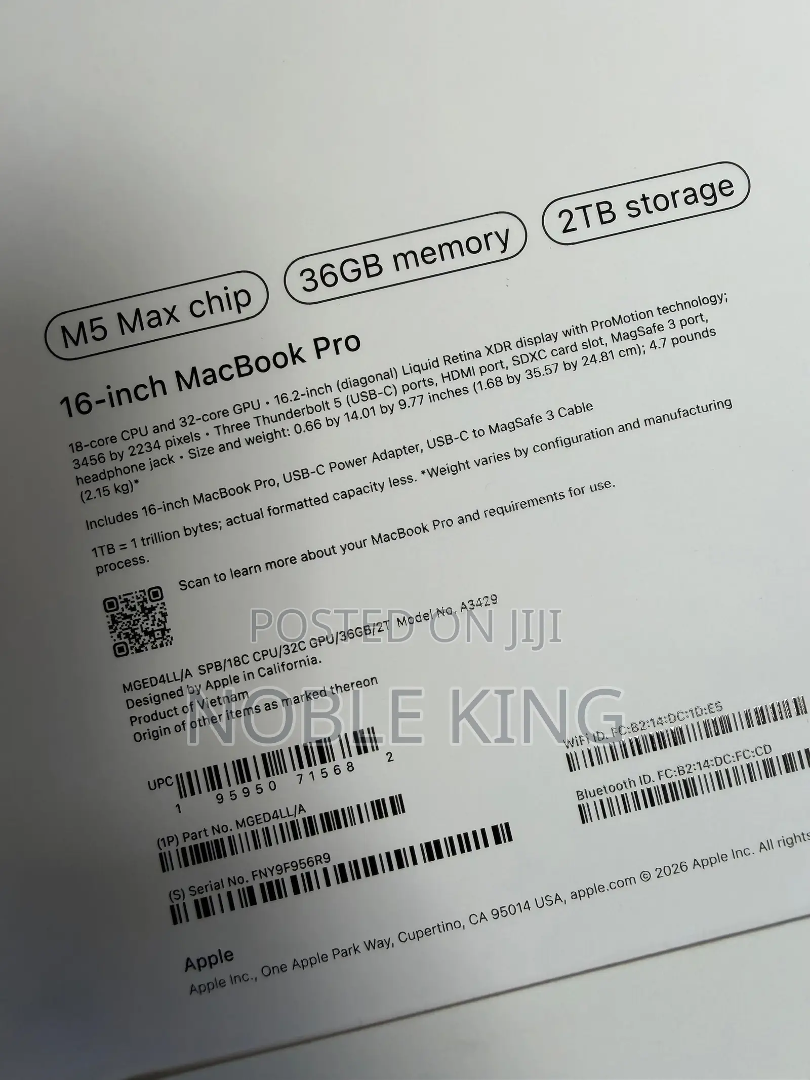 New Laptop Apple MacBook Pro 2026 M5 Max 36GB Apple M5 Max SSD 2T