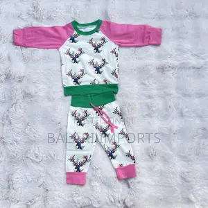 Cute Girls’ 2-Piece Floral Deer Print Tracksuit Set – Pink Green 