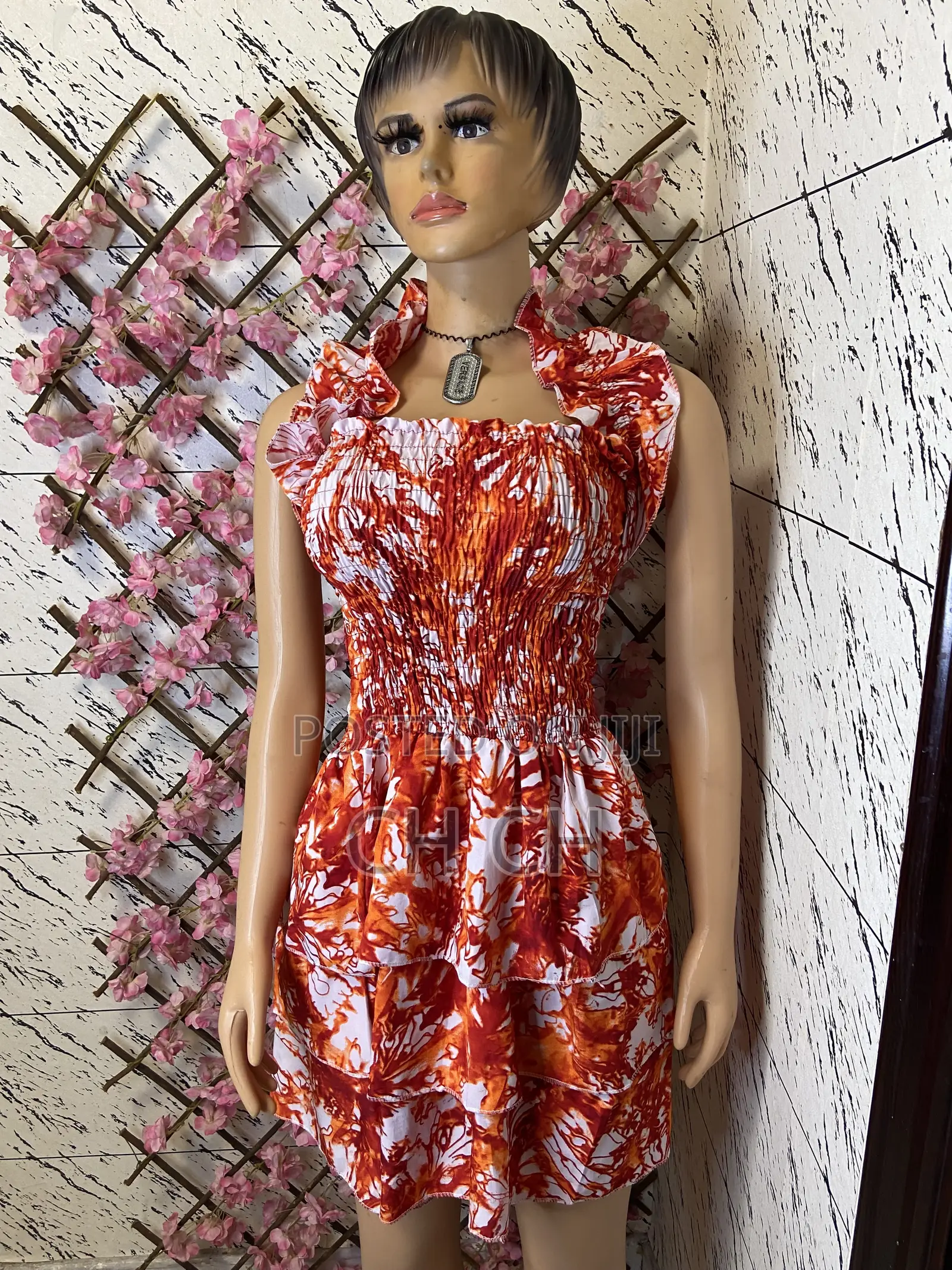 Beautiful Vibrant Red and White Print Smocked Bodice Dress