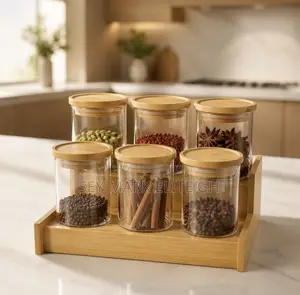6pcs Spice Containers With Wooden Lid Stand