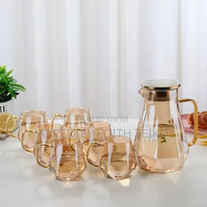 Glass Water Pitcher and Matching Tumbler Cup Set