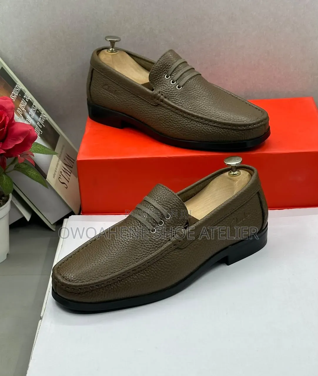 Men's Textured Pebbled Leather Loafers in Coffee Brown or Taupe Shade