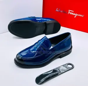 Salvatore Ferragamo Navy Blue Patent Leather Penny Loafers
