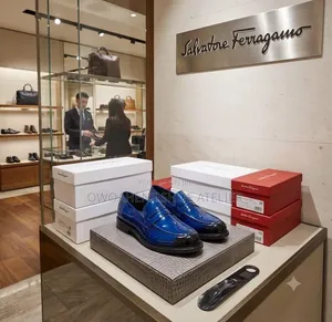 Salvatore Ferragamo Navy Blue Patent Leather Penny Loafers